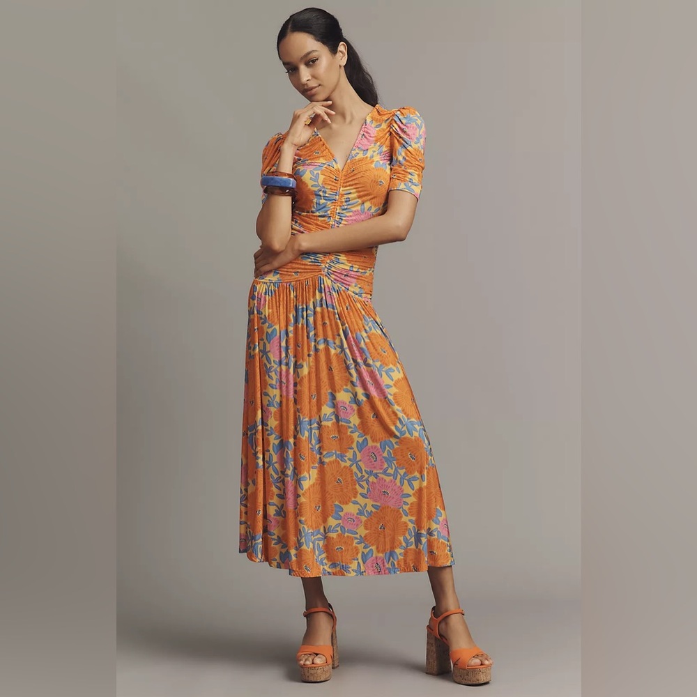 Farm Rio x Anthropologie Floral Tropical Short-Sleeve V-Neck Ruched Midi Dress